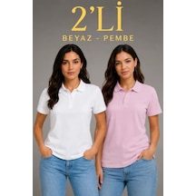 Efnaz Style 2li Polo Yaka Pike Kumaş Düğmeli Basic Tişört Günlük Rahat Kesim - Beyaz, Pembe Çok renkli