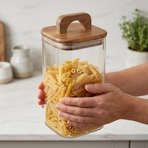 Akasya Kapaklı Kare Cam Kavanoz 1500 Ml, 10 20 Cm, Contalı Tutma Kulplu Şeffaf Erzak Kabı, Makarna Pirinç Bakliyat Yulaf Kuruyemiş Ve Kuru Gıda Saklama Kavanozu Çok Renkli