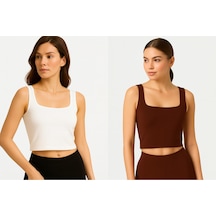 İngegno Body Kadın Geniş Yaka Sıfır Kol Crop %95 Viskon Örme Ring Kumaş 2 Li Paket Beyaz - Kahverengi