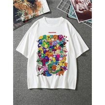 Unisex Beyaz Oversize Figür Baskılı T-shirt Beyaz