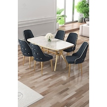 Canisa Asel Serisi 90x160 Lak Panel Beyaz Mermer Desen Gold Ayaklı Masa Takımı Ve 6 Antrasit Sandalye Beyaz Mermer Desen Masa Sandalyeler Antrasit
