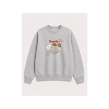 Herkesemoda Beauty Baskı Detaylı Bisiklet Yaka Şardonlu 2 İplik Sweatshirt Gri