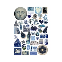 44 Adet Mavi Vintage Retro Sticker Seti - Etiket Seti Scrapbook Bullet Journal