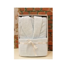 Daisy Şal Yaka Bornoz + Baş Havlusu Set- Mavi- L Beden