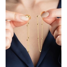 Hk Gümüş Kadın Küpe Çift Zincirli Gold Top Detaylı Gümüş Takı Hediyelik Ürünler-207384 Çok Renkli