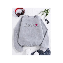 Herkesemoda Love Yazı Detaylı Bisiklet Yaka İçi Polarlı Sweatshirt Gri