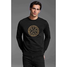 Viking Compass Logo Baskılı Siyah Erkek Örme Sweatshirt