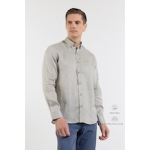 İmza Vizon Keten Düğmeli Yaka Uzun Kol Cepsiz Slim Fit Keten Gömlek 1004260161 2XL