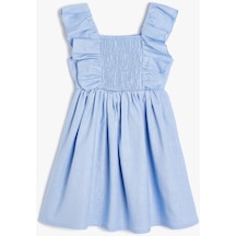 Koton Keten Elbise Askılı Fırfırlı Gipe Detaylı Mavi 4smg80024aw