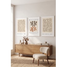 Beyaz Ahşap Çerçeveli Bej Matisse Botanik Sanat Üçlü Duvar Tablosu Modern Minimalist Dekorasyon Kabartma Görünümlüdür Beyaz