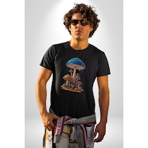 Renkli Mantar Süsler Unisex Unisex Siyah Organik Baskılı T-shirt Penye Yüksek Kalite Siyah