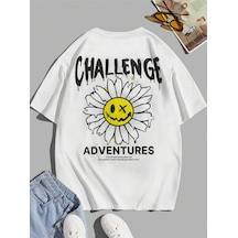 Kadın Beyaz Papatya Baskılı Bisiklet Yaka T-shirt 001