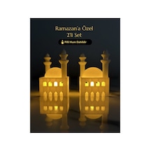 Ramazan Cami Figürlü Biblo İkili Set Işıklı Pilli Mumluk Ev Aksesuarı Beyaz