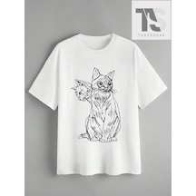 Tarzsokak Goth Kadın Casual Kedi Baskılı T-shirt Beyaz