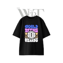Thewert Retro World Hearts Tasarım Baskılı Ünisex Siyah Oversize T-shirt