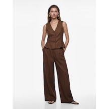 Koton V Yaka Düğmeli Peplum Keten Yelek Kahverengi 6sak20102pw Kahve