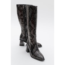 Luvishoes Luvi Shoes Elly Siyah Desenli Kadın Kalın Topuklu Çizme Siyah