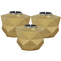 Şamdan Dekoratif Mumluk Şamdan Set 3 Lü Üçlü Tealight Ve Uzun Mum Uyumlu Prizma Model - Altın