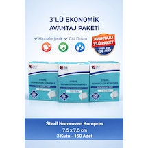 Steril Nonwoven Kompres 7.5x7.5 Cm 150 Adet 3 Lü Paket Hipoalerjenik Yüksek Emici Kumaş