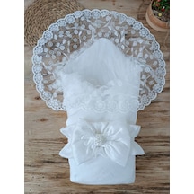 Yenidoğan Ay Işığı Papatya Dantelli Taşlı Fiyonk Bebek Battaniyesi Kundak Ekru Çok Renkli