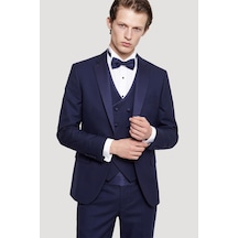 Ac&Co / Altınyıldız Classics Erkek Lacivert Slim Fit Dar Kesim Mono Yaka Desenli Yelekli Smokin Takım Lacivert
