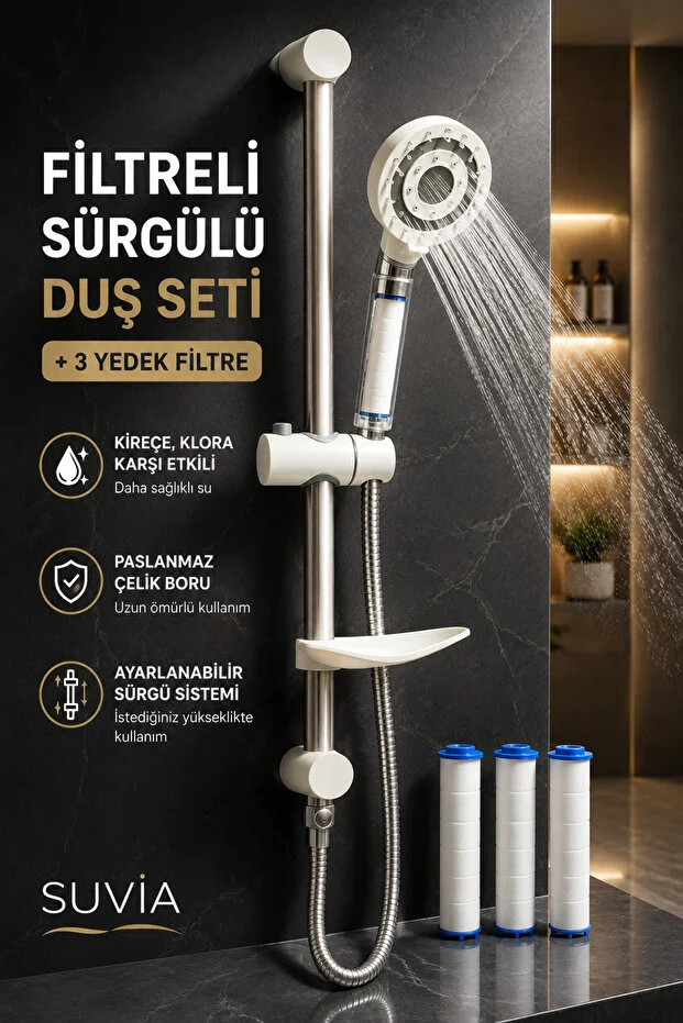 Filtreli Sürgülü Duş Seti 5 Fonksiyonlu Duş Başlığı 3 Yedek Filtre Çelik Hortumlu Beyaz