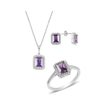 Gümüş Rodyumlu Ametist Baget Taşlı Üçlü Set