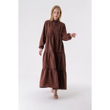 Yaka Bağcık Püskül Elbise Kahverengi