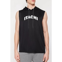 Unisex Kapşonlu Kolsuz Baskılı Oversize T-shirt - Siyah 001