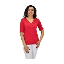Kadın Yarım Kol V Yaka Yaka Sırt Detaylı Triko Tişöt 12835 Bgl-st04657 Kırmızı