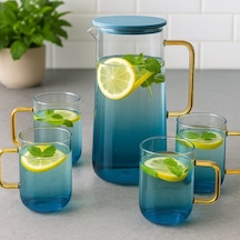 Borosilikat Cam Gold Saplı Sürahi 1300 Ml 4 Bardaklı Mavi