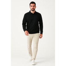 We&me Erkek Polo Yaka Modal Kumaş Yumuşak Dokulu Sweatshirt Siyah