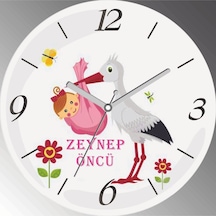 Bebek Getiren Leylek Çap 30cm Sessiz Akar Bombeli Gerçek Cam Duvar Saati Siyah