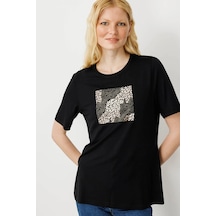 Desen Triko Kadın Sıfır Yaka Önü Taş Baskılı Penye T-shirt 25834 Siyah Siyah