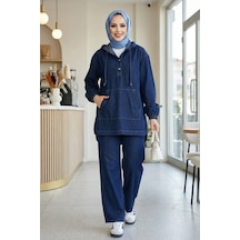 Hb Harma Time Butik Kadın Kapüşonlu, Düğmeli Ve Cepli Koyu Kot Mavi Tunik Pantolon İkili Takım Koyu Mavi Koyu Mavi