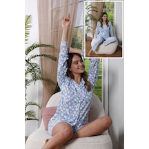 Mh Moony Homewears 3'lü Mavi Üzerine Beyaz Papatyalı Gömlekli Şortlu Uzun Altlı Pamuk Pijama Takımı Mavi