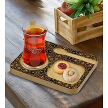 Kişiye Özel Doğal Ahşap Kaşıklı Sunum Tabağı Ve Heybeli Çay Bardağı Hediye Seti - Model 13