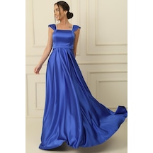 By Saygı Askılı Taş Detaylı Kare Yaka Astarlı Uzun Saten Elbise-35826 Saks