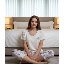 Mihra Kadın Viskon V Yaka Kısa Kol Kapri Likralı Pijama Takımı 40111e - 1 Adet Ekru