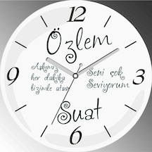 Seni Seviyorum Temalı Yazılar Çap 30cm Sessiz Akar Bombeli Gerçek Cam Duvar Saati Beyaz - Siyah