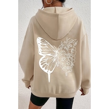 Uyguntarz Unisex Drawing Butterflies Sırt Baskılı Sweatshirt Bej
