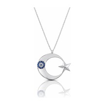 Çekirdekjewelry 925 Ayar Gümüş Ay Yıldız Kolye Nazar Boncuk Taşlı, Parlak Rodyum Kaplama Gümüş