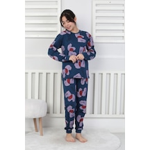 Uzun Kollu %100 Pamuk Kız Çocuk Pijama Takımı Bisiklet Yaka Manşetli 3-8 Yaş Lacivert