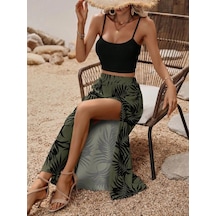 Defymoda Kadın Ip Askılı Yuvarlak Yaka Kısa Viskon Bluz Ve Desenli Yırtmaçlı Süprem Etek Ikili Takım Yeşil