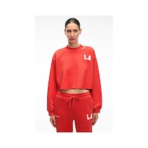 DELYRA Kadın Bisiklet Yaka Rahat Kesim Nakış Detaylı Kırmızı Sweatshirt