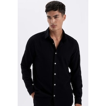 Defacto Siyah Modern Fit Modern Kesim Polo Yaka Düz Pamuklu Uzun Kollu Gömlek D1629AX24AUBK81 Siyah