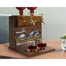 Bk Gift Kişiye Özel Kabartma Motorsiklet Tasarımlı İsimli Çift Musluklu Doğal Ahşap İçki Standı-4, İçki Standı, Doğum Günü Hediyesi, Ev Hediyesi Bitme