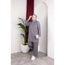 Hira Life Fashion Moda Efsa Kadın Gri Tesettür Giyim Zarif Taş Detaylı Tunik & Pantolon İkili Takım Gri Gri