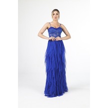 Feminist Saks Transparan Taşlı Eteği Fırfırlı Abiye 9705034.26 Saks