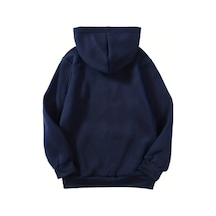 Unisex Oversize Şardonlu Kışlık Kalpli Papatya Baskılı Kapüşonlu Sweatshirt - Lacivert Lacivert